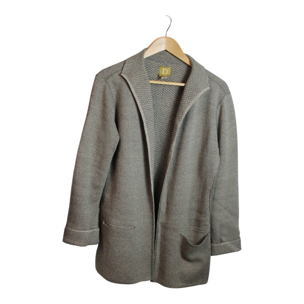 DAMASK Cardigan Taupe Green Stripe Chevron Thick MEDIUM‎ Pockets
